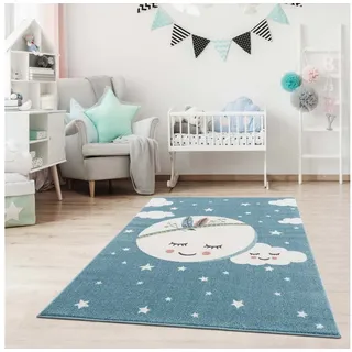 Carpet City Kinderteppich Kinderzimmer Blau - 140x200 cm - Mond Sterne - Kinderzimmerteppiche Mädchen Jungen - Babyzimmer-Teppich - Spielteppich - Sternenteppich