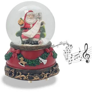 Schneekugel Weihnachten Spieluhr | Weihnachtsmann Geschenkeliste | Sockel Weihnachten rot Tannengirlande | mit Spieluhr | Schüttelkugel Weihnachtsdekoration | B: 10 cm H: 14 cm | 20277