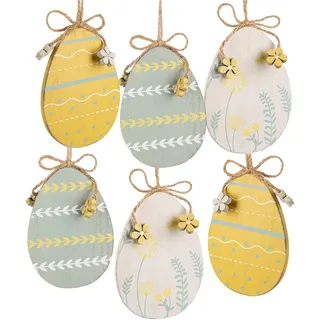 Logbuch-Verlag 6 große Ostereier Holz Eier zum Aufhängen 11 cm blau weiß gelb Ostern Deko Osteranhänger