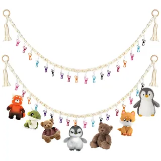 2 Stück Stofftier Aufbewahrung, 200cm lang Kuscheltier Plüschtier Aufbewahrung Boho Stofftierhalter Hängender mit 40 Clips Netz für Kuscheltiere Spielzeug Fotos Deko