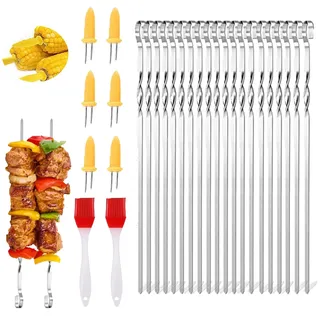 Grillspieße Edelstahl,20 Stücke Grillspieße,30cm Schaschlikspieße Wiederverwendbare Grill Kabob,grillspieße aus rostfreiem edelstahl,Silikonölbürste mitgeliefert und Maiskolbenhalter-Set