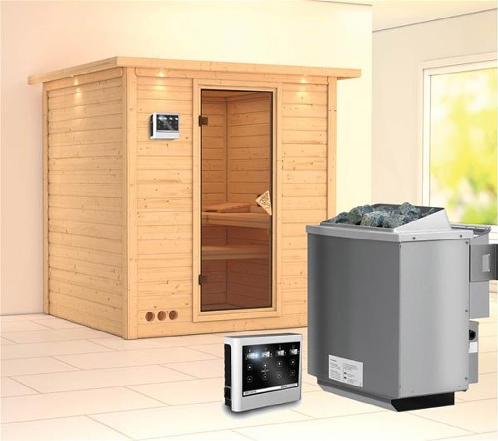 Bild von Sauna Mojave 40mm Dachkranz Ofen 9kW extern classic Tür