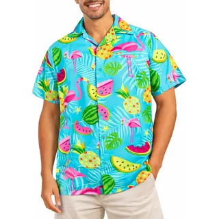 King Kameha Hawaii Hemd Männer - Funky Hawaiihemd Herren Kurzarm mit Flamingo-Melonen Print - Ideal für Urlaub & Strand