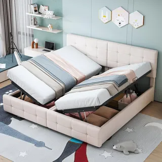 FAVSH Boxspringbett 180x200 cm, Polsterbett Hydraulisches Bett mit Bettkasten, Doppelbett mit Höhenverstellbarem Kopfteil, für Jugendliche/Kind, Samtstoff, Ohne Matratze (Beige)