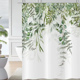 Hnmdmyi Duschvorhang Grüne Blätter 180x180, Eukalyptus Blatt Duschvorhänge Aquarell Pflanze Botanisch Natur Badewanne Vorhang Wasserdicht Polyester Stoff Waschbar Badevorhang für Badezimmer mit Haken