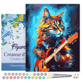Figured'Art Malen Nach Zahlen Erwachsene Mit Rahmen Abstrakte Rocker Katze - Paint by Numbers Basteln DIY Bastelset 40x50cm - Leinwand gespannt auf Holzrahmen