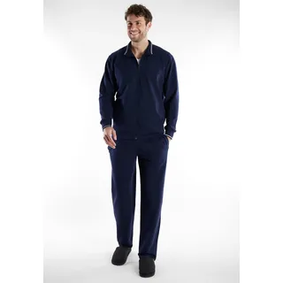 Loungeanzug BUGATTI "Bologna", Herren, Gr. 54, blau, dunkel, uni, Web, Obermaterial: 51% Polyester, 46% Baumwolle, 3% Elasthan, bequem lang, ohne Ausschnitt, Homewear-Sets Loungeanzug, Langarm, lange Hose, mit Seitentaschen, mit Reißverschluss, bequem