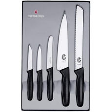 Victorinox 5-teiliges Küchenmesser-Set (Gemüsemesser, Tomaten- und Tafelmesser, Tranchiermesser, Brotmesser, Spülmaschinengeeignet) schwarz