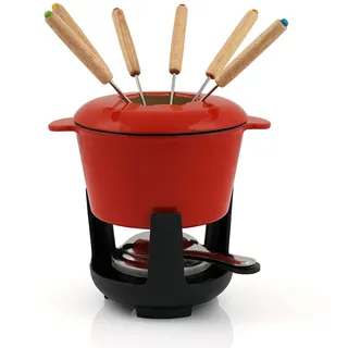 BBQ-Toro Gusseisen Fondue Set für 6 Personen | 1 Liter | Fondueset 13 teilig mit Brenner und Gabeln | Fondue-Set, Käsefondue Set, Fleischfondue Set, Schokofondue Set (rot/Creme emailliert)