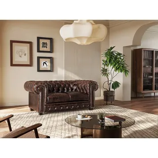 Chesterfield Ledersofa 2-Sitzer - Büffelleder - Braun - BRENTON