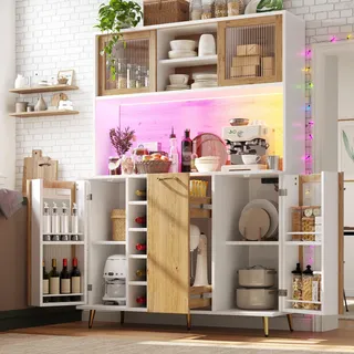 MODFU Küchenschrank Aufbewahrungsschrank integrierte Steckdose Seitenboard mit LED-Beleuchtung Hochschrank Weinregal und Gewürzregal Weiß - Weiß