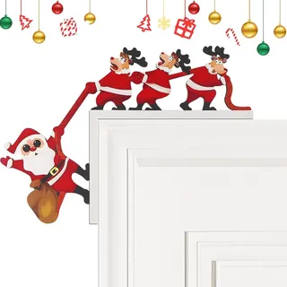 Weihnachtsecktürrahmen mit Rundaufkleber & Beidseitigem Druck, Türrahmen Deko Weihnachten als Türecke Sitter, Weihnachtsdeko für Tür, Fenster, Kamin (Weihnachtsmann + Elch)
