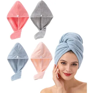 Lumimi 4 Stück Set Haarturban Kopfhandtuch aus Mikrofaser Weich Angemehm Extra Saugfähig Schnelltrocknend Praktisch mit Knopf Geschenk Rosa Grau Hellrosa Hellblau