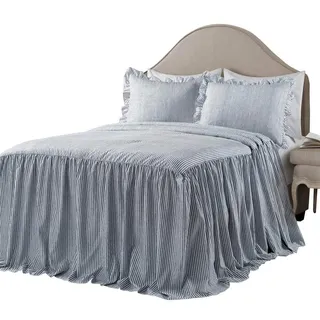 Lush Decor Ticking Stripe Gestreifte Tagesdecke, 3-teiliges Set, Doppelbett-Größe (Full Size), Marineblau, Rüschen-Bettwaren-Set, Kinder-Bettwaren, Landhaus und Coquette-Dekor