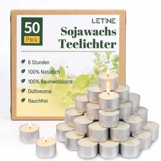 LETINE 50 Stück 100% Sojawachs Teelichter, 8 Stunden, Weiß, Duftfrei | Soja Vegan Kerzen, Paraffinfrei, Aluhülle, Saubere Verbrennung Tealights für Hochzeit, Party Dekorationen