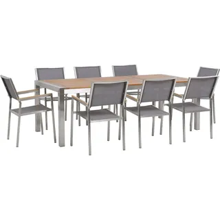 BELIANI Gartenmöbel Set Eukalyptusholz Edelstahl Tisch 220 cm 8 Stühle Grau Terrasse Outdoor Modern Garten Terrasse - Grau, Braun, Silber