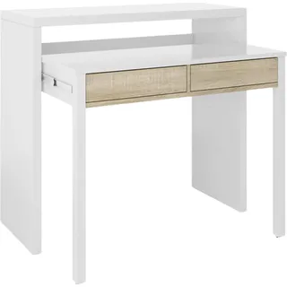 Konsolentisch Billings, Schreibtisch mit ausziehbarer Platte, PC-Schreibtisch mit 2 Schubladen, 99x36h88 cm, Weiß und Eiche - Weiß