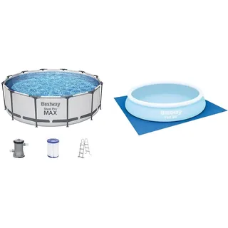 Bestway Steel Pro MAX Frame Pool-Set mit Filterpumpe Ø 366 x 100 cm, lichtgrau, rund & FlowclearTM quadratische Bodenplane, 396 x 396 cm, für Aufstellpools bis Ø 366 cm, blau