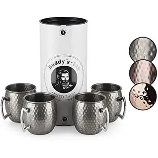 Buddy ́s Bar - Moscow Mule Becher, 500 ml, hochwertiger Edelstahl-Becher, lebensmittelecht, Hammerschlag-Effekt, Cocktail-Tasse inkl. Geschenkbox, gehämmert, Edelstahl Antik, 4er Set