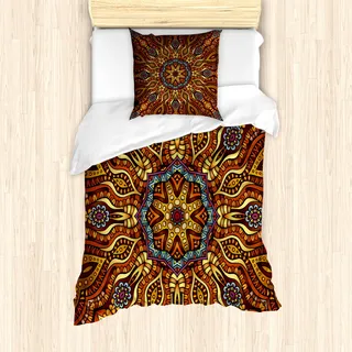 ABAKUHAUS Ethnisch Bettbezug Set für Einzelbetten, Kaleidoskop Design Boho, Milbensicher Allergiker geeignet mit Kissenbezug, Ringelblume Gelb Braun und Blau - Gelb