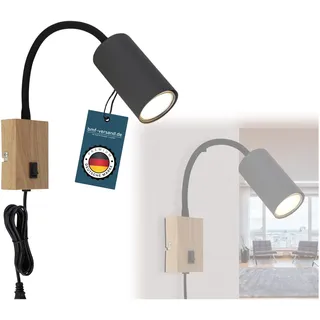 bmf-versand® Steckdosenlampe mit Schalter - Wandleuchte Innen Kinderzimmer mit Stecker und Kabel - Steckerleuchte Schwarze Wandlampe Schlafzimmer für Steckdose Holz Optik - Leselampe Wandmontage