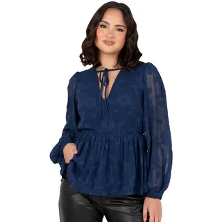 Lovedrobe Women's Floral Top Ladies Blouse Long Balloon Sleeve V-Neckline Peplum Chiffon Tie Front Smart Casual Office Wear, Marineblau 54