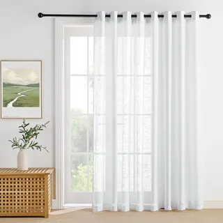 PONY DANCE Extra Breite Vorhänge 300 cm Weiße Gardinen Wohnzimmer Modern - 1 Stück Leinentextur Vorhang Weiss Halbtransparent Gardine für Große Fenster Ösenschal Lichtdurchlässig, H 220 x B 300 cm