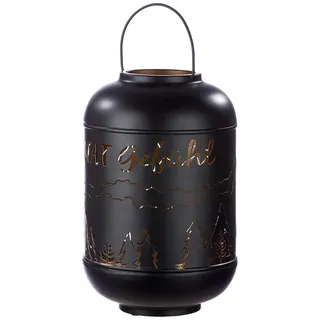 GILDE Deko Windlicht Laterne mit Griff - Scherenschnitt Wald Dekoration Schriftzug Heimat Gefühl - Winter Deko Weihnachten - Farbe schwarz, innen goldfaben Höhe 37 cm