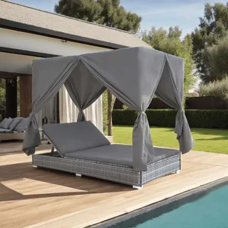 vidaXL Outdoor-Lounge-Bett mit Vorhängen Poly Rattan Grau - Grau