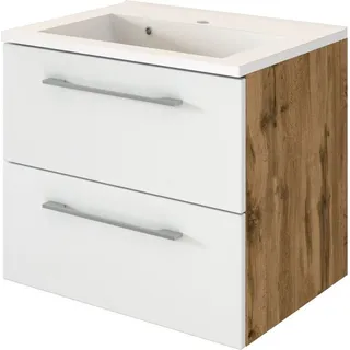Waschtisch-Unterschrank mit Mineralgussbecken LOUNY-03, Wotaneiche Nb. mit matt weiß, B/H/T: ca. 60/54/48 cm - Braun