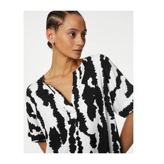 Womens M&S Collection Linen Rich Printed V-Neck Shift Dress - Black Mix, Black Mix - 12-LNG