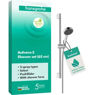 Hansgrohe Activera Select S Duschset mit Duschkopf wassersparend (EcoSmart, 2 Strahlarten), Duschschlauch (1,60 m) und Duschstange (0,65 m), Chrom,