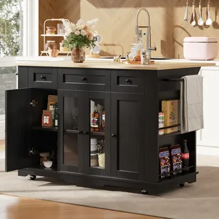 MODFU Sideboard Küchenschrank, Kücheninsel, Aufbewahrungsschrank abnehmbare Trennwände,Esszimmerwagen mit Arbeitsplatte,Buffetschrank,Schwarz - Schwarz