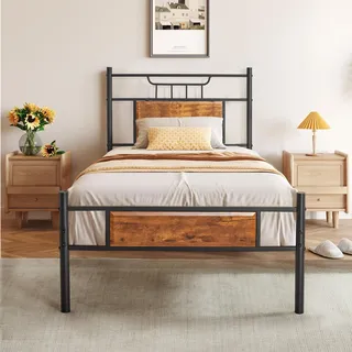 VECELO Bettgestell, 90 x 200 cm, einfacher Plattformrost mit Kopfteil aus Holz, Lattenhalterung aus hochwertigem Stahl, Aufbewahrung unter dem Bett, einfache Montage, Braun