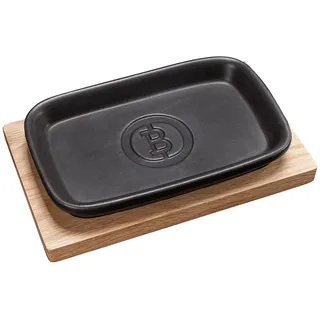 Beefer Keramikschale Römertopf® – Feuerfest bis 800 °C | Glasierter Naturton | Inkl. Servierbrettchen aus Akazienholz | Für alle Beefer Modelle | System 800° | 235 × 155 mm