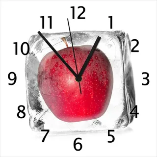 Wallario Design Wanduhr Roter Apfel in Eiswürfel - Eiskaltes Obst aus Echtglas, Größe 30 x 30 cm - Rot