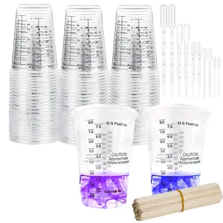 Spetsbst Epoxidharz Mischbecher 50 Stück, 240 ml Messbecher Epoxidharz Zubehör Werkzeug mit 50pcs Mischstäbchen, 10pcs Tropfer für Flüssigkeiten, Mischen von Harz, Farbe, Pigment
