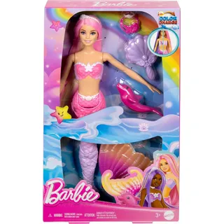 Barbie A Touch of Magic „Malibu“ Meerjungfrau-Puppe mit Farbwechseleffekt, Delfin und Accessoires, Modepuppe, Weiblich, 3 Jahr(e), Mädchen, 380 mm, 200 g - Bunt