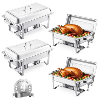 Vevor Chafing Dish Buffet-Set 4 Stk Edelstahl-Speisenwärmer mit 4 Pfannen in voller Größe (7,5 L), rechteckiger Catering-Wärmespender mit Deckel & Wasserpfannenständer & Brennstoffhalter Buffer Silber