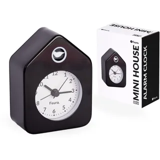 Fisura – Analoger Mini-Wecker im Haus-Design Schwarz-Weiß, Geräuschlos ohne Ticken. Kleiner Tischwecker mit Alarm. 9,7 x 7,3 x 4,5 cm. Batteriebetrieben (1x AA)
