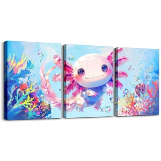 Loussiesd Kinder Nette Axolotl Deko Bilder Ozean Bild Wandbilder Jungen Mädchen Kawaii Sealife 3er Poster Set für Wohnzimmer Schlafzimmer Cartoon Salamander Badezimmer Leinwandbilder Home Dekor