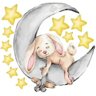 WandSticker4U®- Aquarell Wandtattoo HASE auf MOND (66x62 cm) I Baby Wandsticker Kinderzimmer Hase Sterne sweet dreams I Wand Aufkleber Babyzimmer Mädchen & Junge Deko