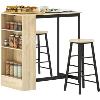 Homcom Bartisch Set Bartisch mit Barhocker-Set Küchentresen mit 2 Barstühlen und Fußstütze Moderner Küchentisch mit 4 Verstellbaren Ablagen für Küche, Esszimmer, Eiche