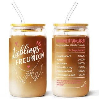 Juratar Beste Freundin Geschenk – Freundschaft Trinkglas mit Deckel & Strohhalm – „Lieblings Freundin“ Glas – Geschenk für Frauen, Mädchen, BFF, Geburtstag, Weihnachten & Freundschaft