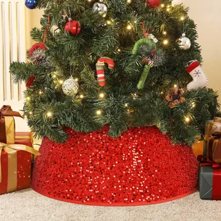 Alishomtll Glitzernd Weihnachtsbaumrock mit roten Pailletten, Funkelnde Christbaumdecke 72x55x24cm Weihnachtsbaumunterlage, Christbaumständer Weihnachtsbaumkragen mit Klettverschlussband, Rot