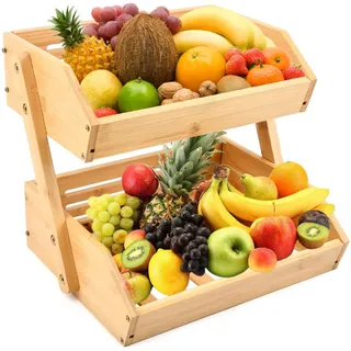 YOPEUC Obstkorb Bambus, Obst Etagere 2 Stöckig Obst Etagere Holz, Bambus Obstkorb 2 Etagen Abnehmbarer Obstständer Obstschalenhalter für Theke für Gemüse, Brot, Snack