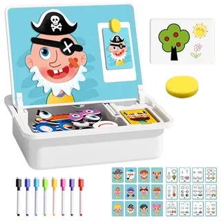 Magnetspiel, 3 In 1 Magnetische Puzzle für Kinder, Pädagogisches Magnetgeschenk Montessori Spielzeug mit Tafel 8 Pinsel 12 Karten Magnetisches Lernspiel Reisespiel ab 3 Jahre für Unterwegs (Gesicht)