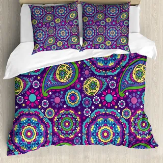 ABAKUHAUS lila Mandala Bettbezug, Leuchtende Töne Boho, Milbensicher Allergiker geeignet mit Kissenbezügen, 200 cm x 200 cm - 80 x 80 cm, Mehrfarbig