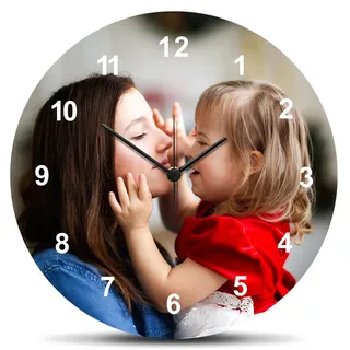 GRAVURZEILE Wanduhr aus Holz - Mit Foto Bild Personalisiert - Geräuscharm kein Ticken - 30 cm Ø - Design, für Wohnzimmer Schlafzimmer & Küche - Geschenk für Mama Papa Freunde & Familie