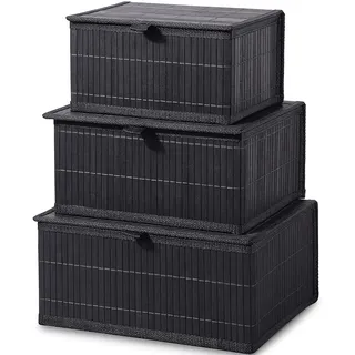 Honygebia Aufbewahrungsbox mit Deckel Schwarz – Bambus Deko Aufbewahrungskorb, 3er Set Rattan Korb mit Deckel Gewebtem Stoffeinsatz für Badezimmer Küche Regal Organisation (Grosz/Mittel/Klein)